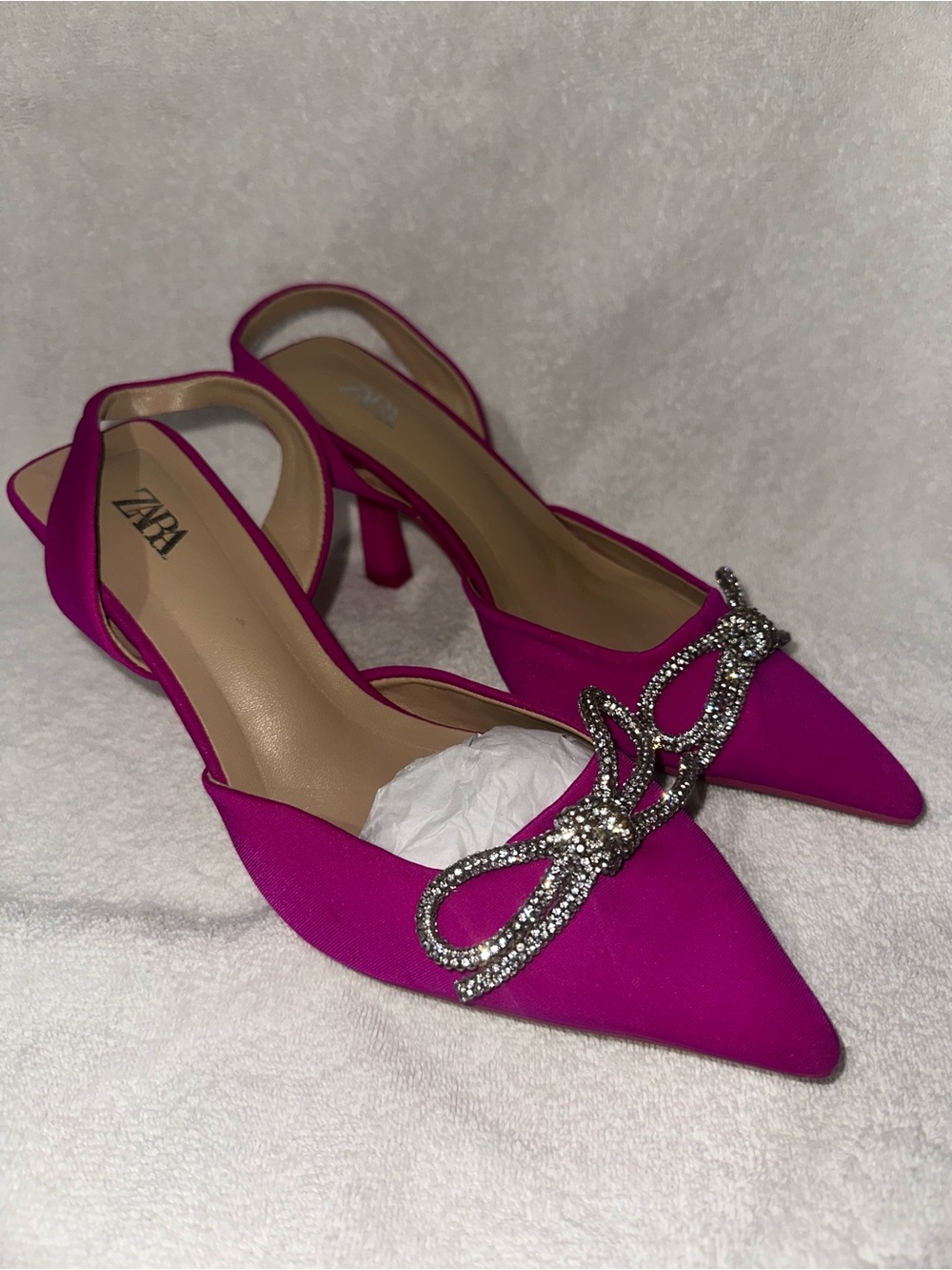 Zara Satin Effect Rhinestone Bow Slingback Shoes Pink size 38